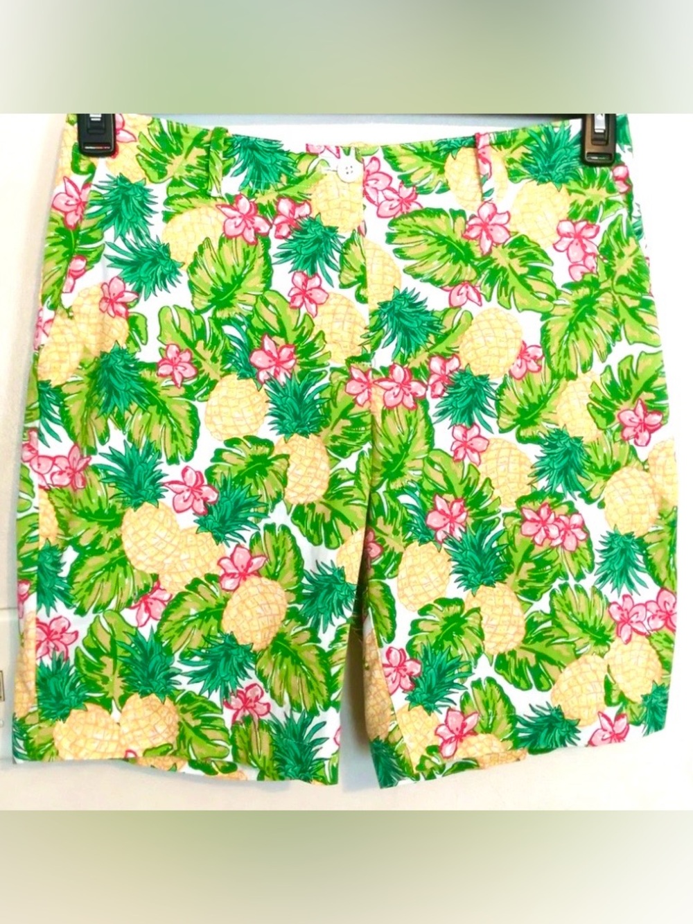 Women’s Tropical Pineapple & Palm Flower Cotton Blend Bermuda Shorts, Size 14P